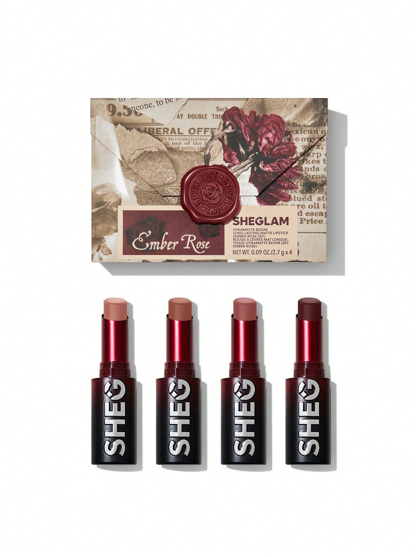 پک ۴ عددی رژلب مات شیگلم از کالکشن آمبر رز | Sheglam Dynamatte Boom Long-Lasting Matte Lipstick (Ember Rose Set)