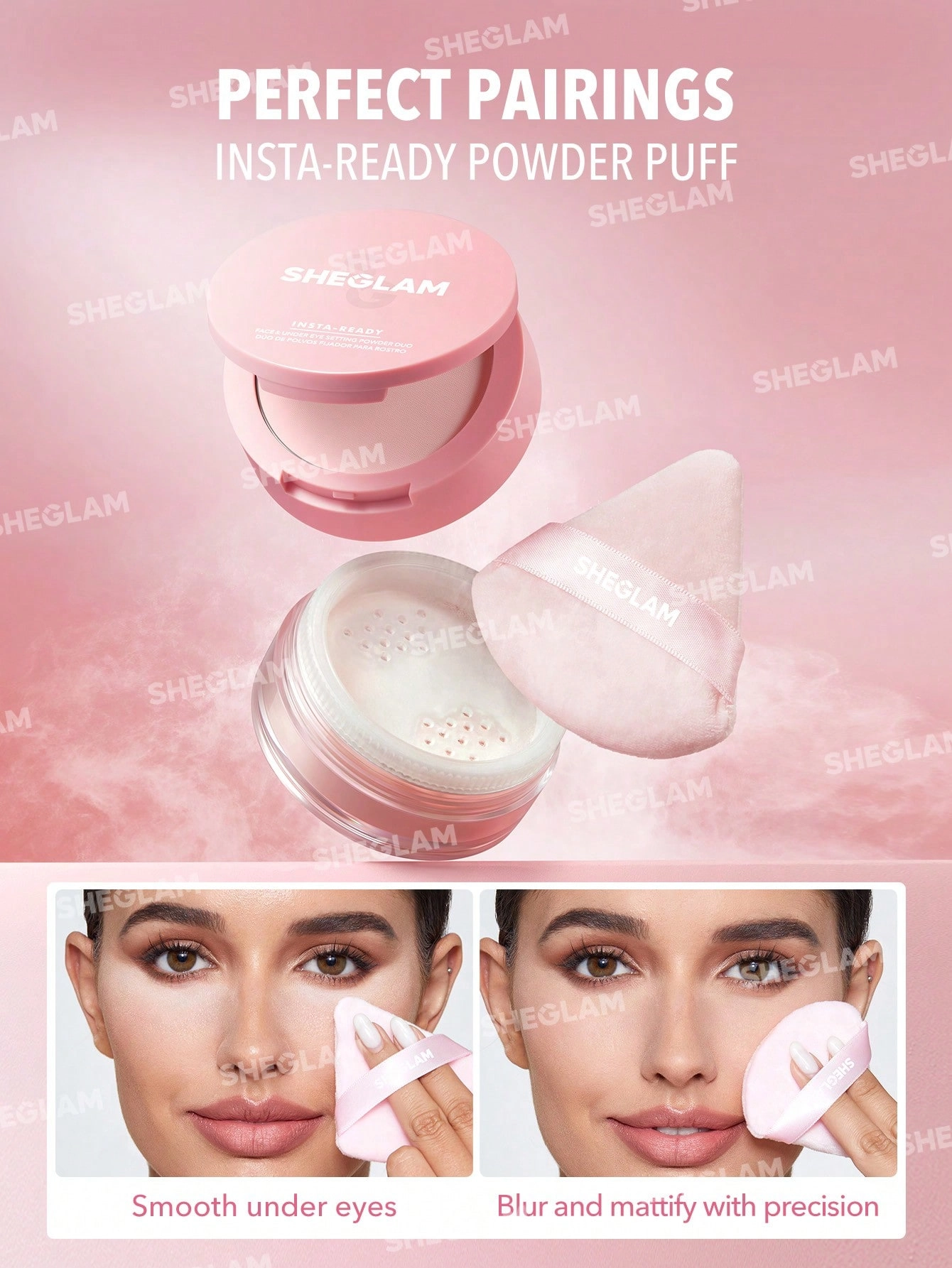 پودر فیکس دو منظوره شیگلم | Sheglam Insta-Ready Face & Under Eye Setting Powder Duo  اورجینال را میتوانید از بهارشاپ بیوتی (BaharShopBeauty.ir) تهیه کنید.